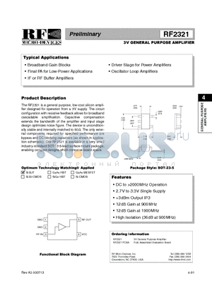 RF2321 datasheet - 3V GENERAL PURPOSE AMPLIFIER