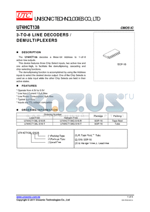 U74HCT138L-S16-T datasheet - 3-TO-8 LINE DECODERS / DEMULTIPLEXERS