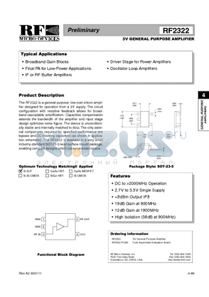 RF2322 datasheet - 3V GENERAL PURPOSE AMPLIFIER