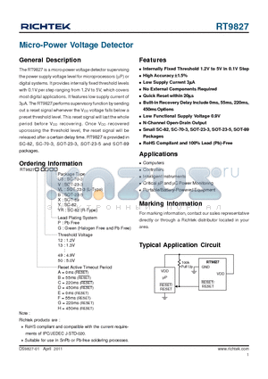 RT9827 datasheet - Micro-Power Voltage Detector