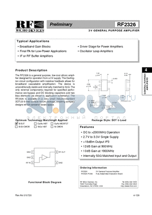 RF2326 datasheet - 3V GENERAL PURPOSE AMPLIFIER