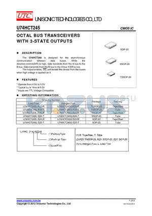 U74HCT245G-P20-T datasheet - OCTAL BUS TRANSCEIVERS WITH 3-STATE OUTPUTS