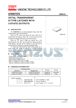 U74HCT373L-P20-R datasheet - OCTAL TRANSPARENT D-TYPE LATCHES WITH 3-STATE OUTPUTS