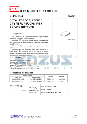 U74HCT374 datasheet - OCTAL EDGE-TRIGGERED D-TYPE FLIP-FLOPS WITH 3-STATE OUTPUTS