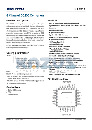 RT9911GQV datasheet - 6 Channel DC/DC Converters