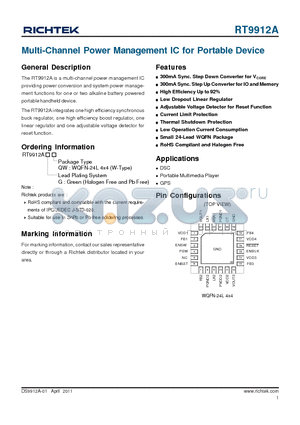 RT9912A datasheet - Multi-Channel Power Management IC for Portable Device