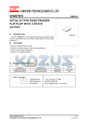 U74HCT574 datasheet - OCTAL D-TYPE EDGE-TRIGGER FLIP-FLOP WITH 3-STATE OUTPUT