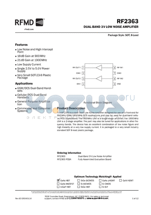 RF2363 datasheet - DUAL-BAND 3V LOW NOISE AMPLIFIER