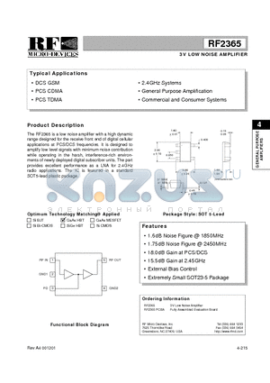 RF2365 datasheet - 3V LOW NOISE AMPLIFIER