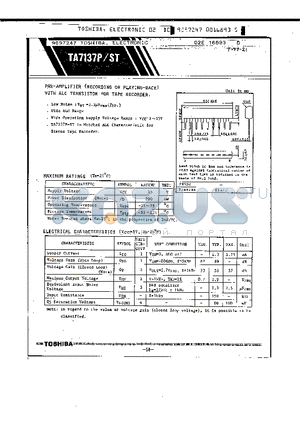 TA7137P datasheet - PRE-AMPLIFIER(RECORDING OR PLAYING-BACK WITH ALC TRANSISTOR FOR TAPE RECORDER)