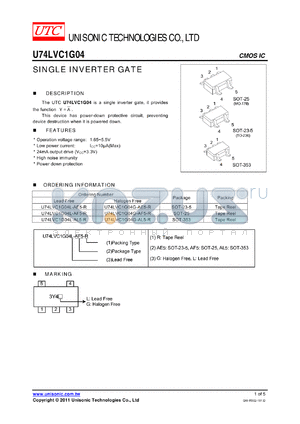 U74LVC1G04L-AE5-R datasheet - SINGLE INVERTER GATE