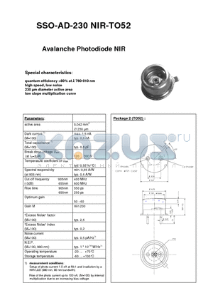 SSO-AD-230NIR-TO52 datasheet - Avalanche Photodiode NIR