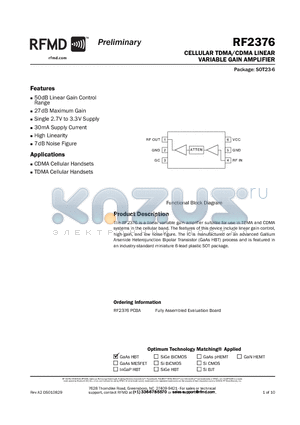 RF2376PCBA datasheet - CELLULAR TDMA/CDMA LINEAR VARIABLE GAIN AMPLIFIER