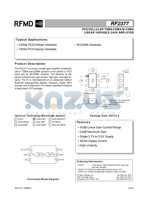 RF2377 datasheet - PCS/CELLULAR TDMA/CDMA/W-CDMA LINEAR VARIABLE GAIN AMPLIFIER