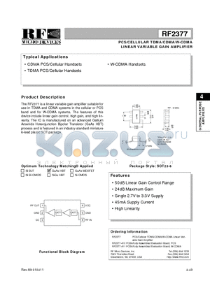 RF2377-410PCBA datasheet - PCS/CELLULAR TDMA/CDMA/W-CDMA LINEAR VARIABLE GAIN AMPLIFIER