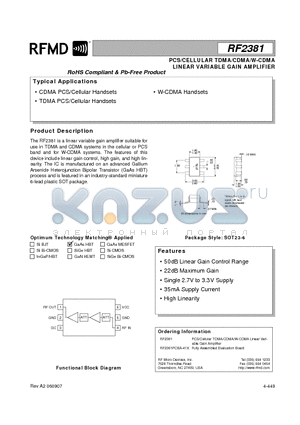 RF2381 datasheet - PCS/CELLULAR TDMA/CDMA/W-CDMA LINEAR VARIABLE GAIN AMPLIFIER