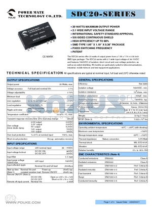 SDC20-48S15 datasheet - 20 WATTS MAXIMUM OUTPUT POWER