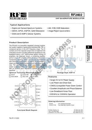 RF2402 datasheet - UHF QUADRATURE MODULATOR