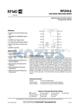 RF2411 datasheet - LOW NOISE AMPLIFIER/MIXER