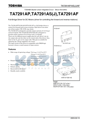 TA7291AP datasheet - Full-Bridge Driver for DC Motors (driver for controlling the forward and reverse rotations)