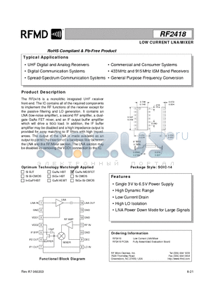 RF2418PCBA datasheet - LOW CURRENT LNA/MIXER