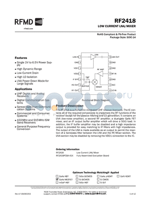 RF2418_1 datasheet - LOW CURRENT LNA/MIXER