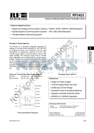 RF2423 datasheet - 100mW SPREAD-SPECTRUM TRANSMITTER IC