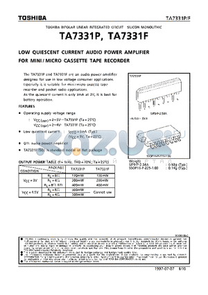 TA7331 datasheet - LOW QUIESCENT CURRENT AUDIO POWER AMPLIFIER FOR MINI/MICRO CASSETTE TAPE RECORDER