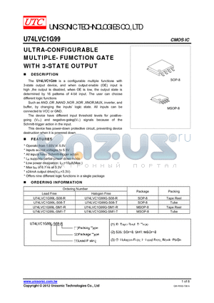 U74LVC1G99G-SM1-T datasheet - ULTRA-CONFIGURABLE MULTIPLE- FUMCTION GATE WITH 3-STATE OUTPUT