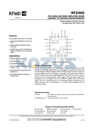 RF2460PCBA-41X datasheet - PCS CDMA LOW NOISE AMPLIFIER/MIXER 1500MHz TO 2200MHz DOWNCONVERTER