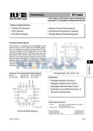 RF2460 datasheet - PCS CDMA LOW NOISE AMPLIFIER/MIXER 1500MHZ TO 2200MHZ DOWNCONVERTER