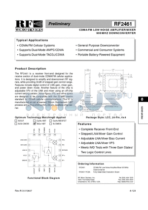 RF2461 datasheet - CDMA/FM LOW NOISE AMPLIFIER/MIXER 900MHZ DOWNCONVERTER