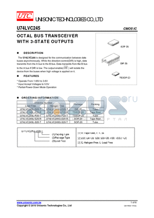 U74LVC245L-D20-T datasheet - OCTAL BUS TRANSCEIVER WITH 3-STATE OUTPUTS