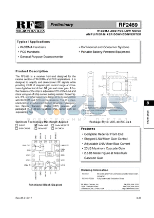 RF2469 datasheet - W-CDMA AND PCS LOW NOISE AMPLIFIER/MIXER DOWNCONVERTER