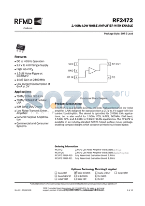 RF2472PCBA-411 datasheet - 2.4GHz LOW NOISE AMPLIFIER WITH ENABLE