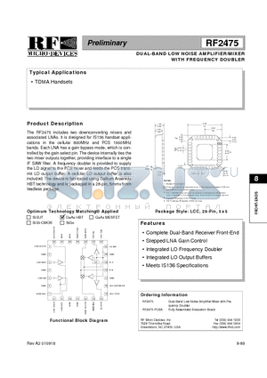 RF2475 datasheet - DUAL-BAND LOW NOISE AMPLIFIER/MIXER WITH FREQUENCY DOUBLER