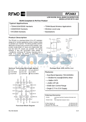 RF2483PCBA datasheet - LOW NOISE DUAL-BAND QUADRATURE MODULATOR WITH AGC