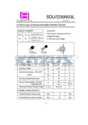 SDD30N03L datasheet - N-Channel Logic Level Enhancement Mode Field Effect Transistor