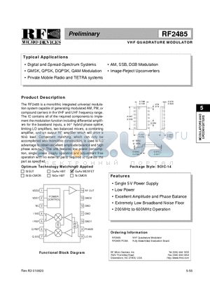 RF2485 datasheet - VHF QUADRATURE MODULATOR