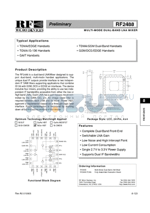 RF2488 datasheet - MULTI-MODE DUAL-BAND LNA MIXER