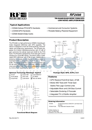 RF2498PCBA datasheet - TRI-BAND/QUAD-MODE CDMA/GPS LOW NOISE AMPLIFIER/MIXER