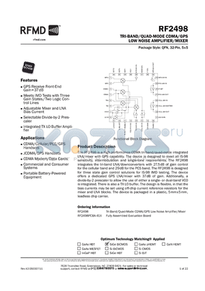 RF2498PCBA-41X datasheet - TRI-BAND/QUAD-MODE CDMA/GPS LOW NOISE AMPLIFIER/MIXER