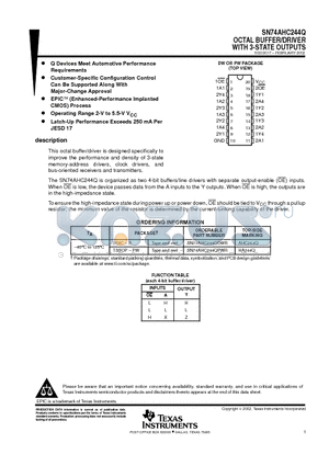 SN74AHC244QDWRG4 datasheet - OCTAL BUFFER/DRIVER WITH 3-STATE OUTPUTS