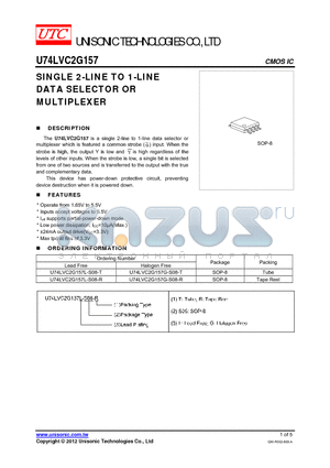 U74LVC2G157 datasheet - SINGLE 2-LINE TO 1-LINE DATA SELECTOR OR MULTIPLEXER