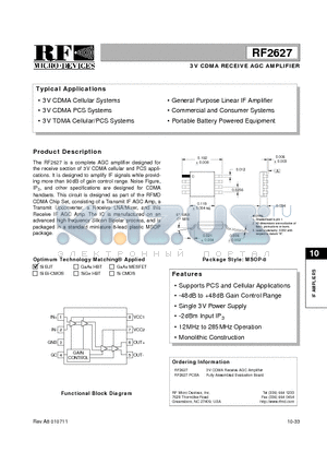 RF2627 datasheet - 3V CDMA RECEIVE AGC AMPLIFIER