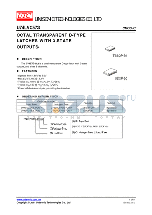 U74LVC573G-P20-R datasheet - OCTAL TRANSPARENT D-TYPE LATCHES WITH 3-STATE OUTPUTS