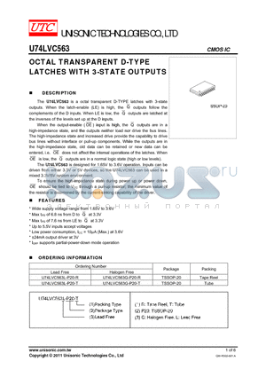 U74LVC563L-P20-T datasheet - OCTAL TRANSPARENT D-TYPE LATCHES WITH 3-STATE OUTPUTS