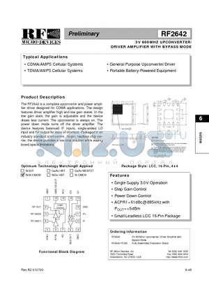 RF2642 datasheet - 3V 900MHZ UPCONVERTER/ DRIVER AMPLIFIER WITH BYPASS MODE