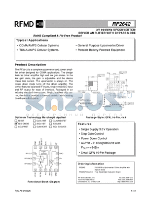 RF2642 datasheet - 3V 900MHz UPCONVERTER/ DRIVER AMPLIFIER WITH BYPASS MODE