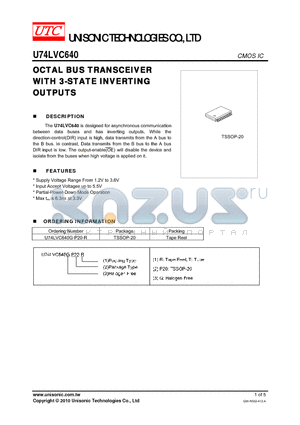 U74LVC640G-P20-R datasheet - OCTAL BUS TRANSCEIVER WITH 3-STATE INVERTING OUTPUTS